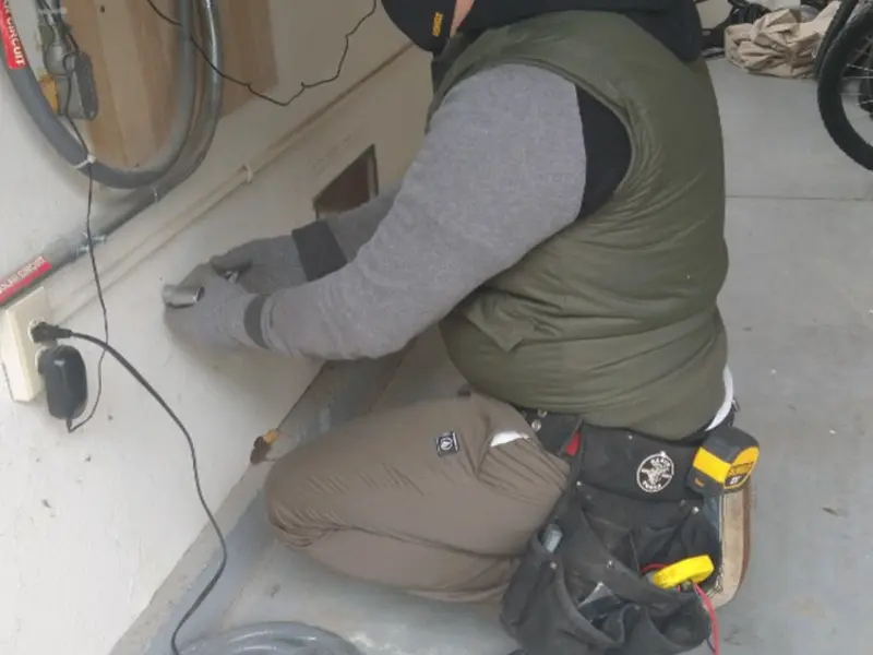 Electrician performing outlet wiring in a Danby garage